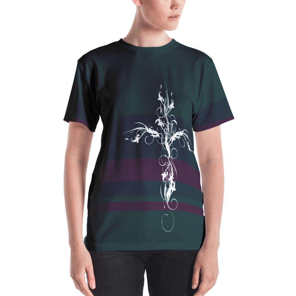 Grunge Cross on Striped Women's T-shirt-T-Shirt-PureDesignTees