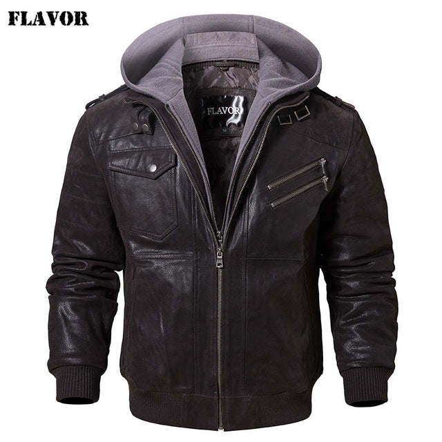 Men's Real Leather Motorcycle Jacket with Removable Hood-Men's Leather Jacket-PureDesignTees