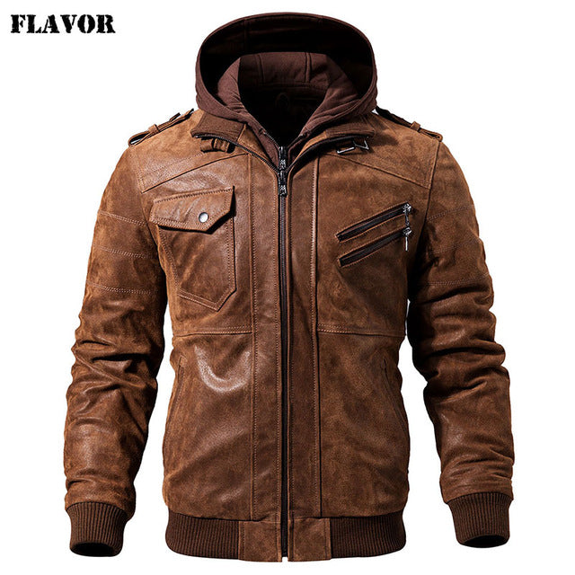 Men's Real Leather Motorcycle Jacket with Removable Hood-Men's Leather Jacket-PureDesignTees