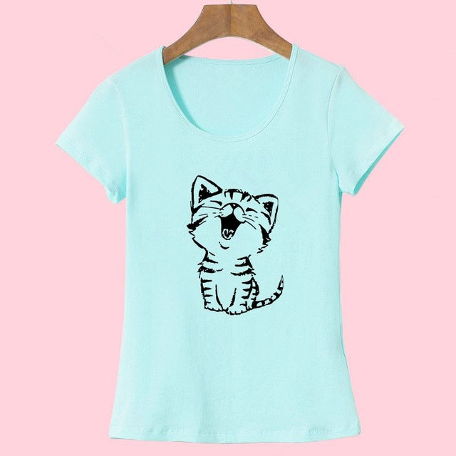 Adorable Happy Kitty Women's Casual O-Neck Short Sleeve T-Shirt-t-shirt-PureDesignTees