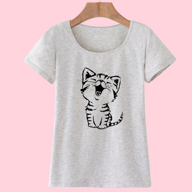 Adorable Happy Kitty Women's Casual O-Neck Short Sleeve T-Shirt-t-shirt-PureDesignTees