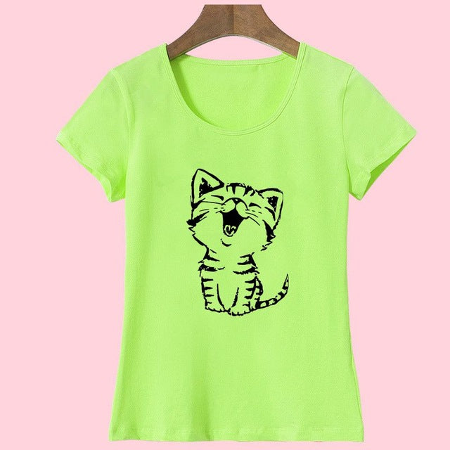 Adorable Happy Kitty Women's Casual O-Neck Short Sleeve T-Shirt-t-shirt-PureDesignTees