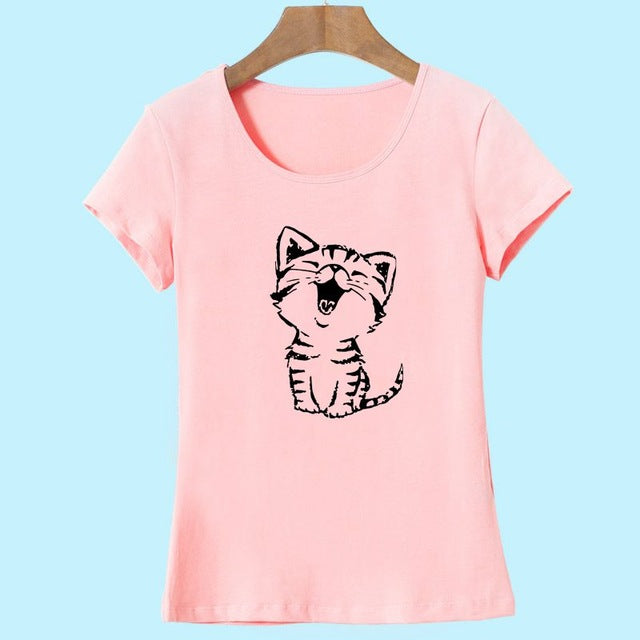 Adorable Happy Kitty Women's Casual O-Neck Short Sleeve T-Shirt-t-shirt-PureDesignTees