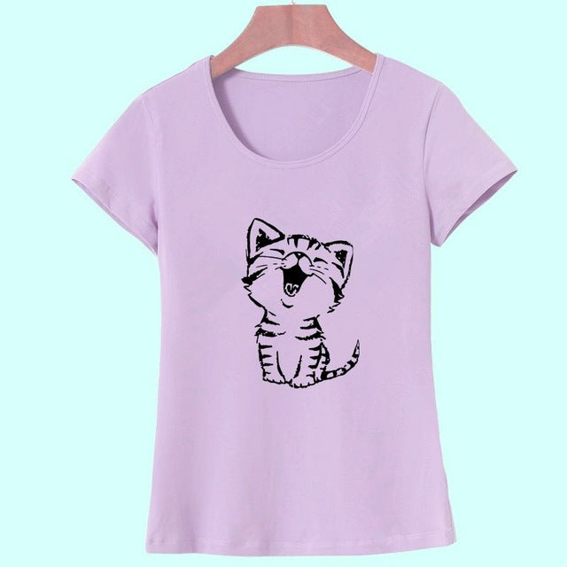 Adorable Happy Kitty Women's Casual O-Neck Short Sleeve T-Shirt-t-shirt-PureDesignTees