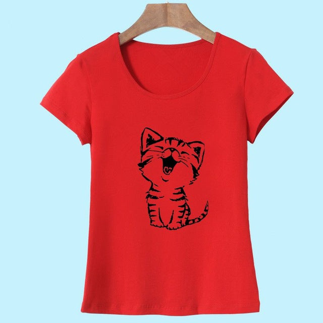 Adorable Happy Kitty Women's Casual O-Neck Short Sleeve T-Shirt-t-shirt-PureDesignTees