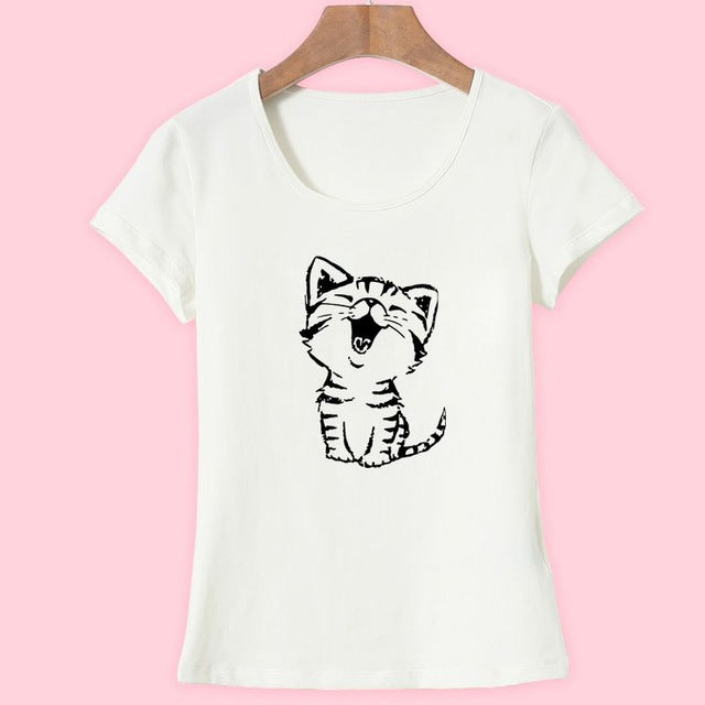 Adorable Happy Kitty Women's Casual O-Neck Short Sleeve T-Shirt-t-shirt-PureDesignTees