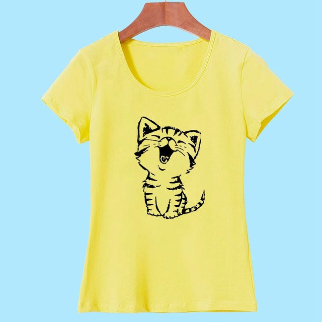 Adorable Happy Kitty Women's Casual O-Neck Short Sleeve T-Shirt-t-shirt-PureDesignTees