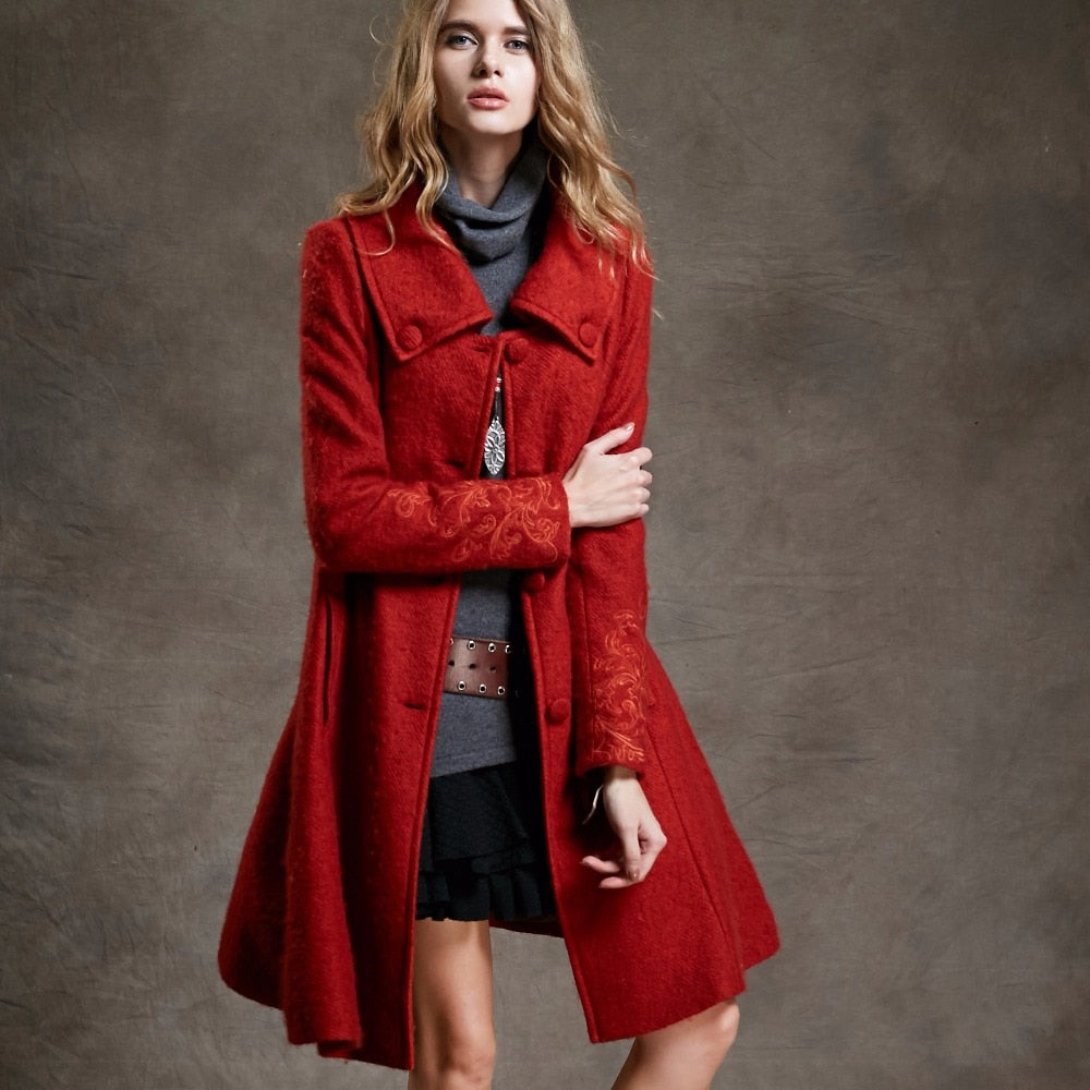 Women's Vintage Long Wool Coat with Embroidered Sleeves-coat-PureDesignTees