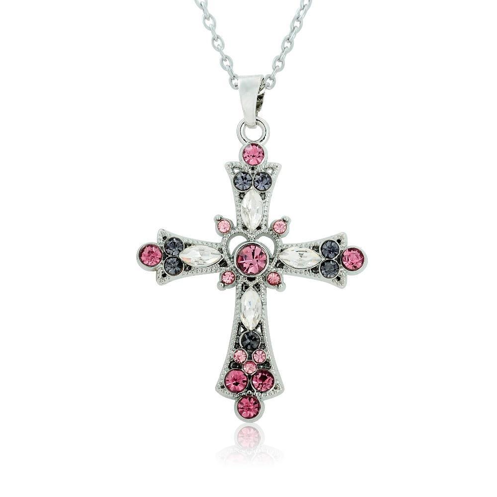 Fashion Purple and Pink Crystal Cross Pendant Necklace for Teens and Women-Necklace-PureDesignTees
