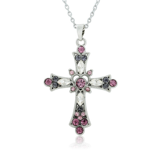 Fashion Purple and Pink Crystal Cross Pendant Necklace for Teens and Women-Necklace-PureDesignTees