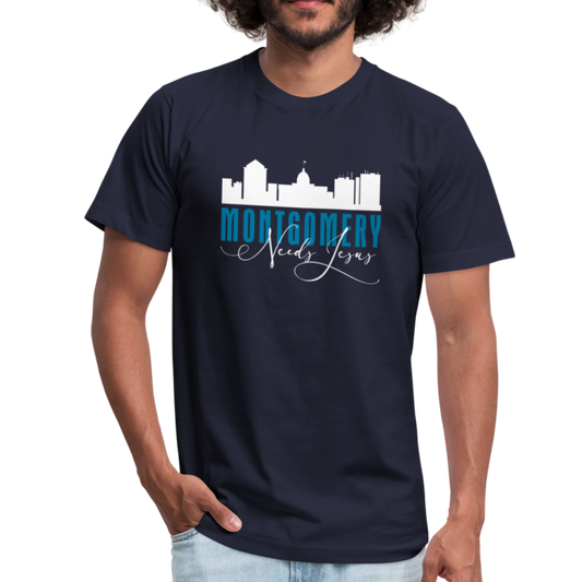 Montgomery (Alabama) Needs Jesus Jersey T-Shirt by Bella + Canvas-Unisex Jersey T-Shirt | Bella + Canvas 3001-PureDesignTees