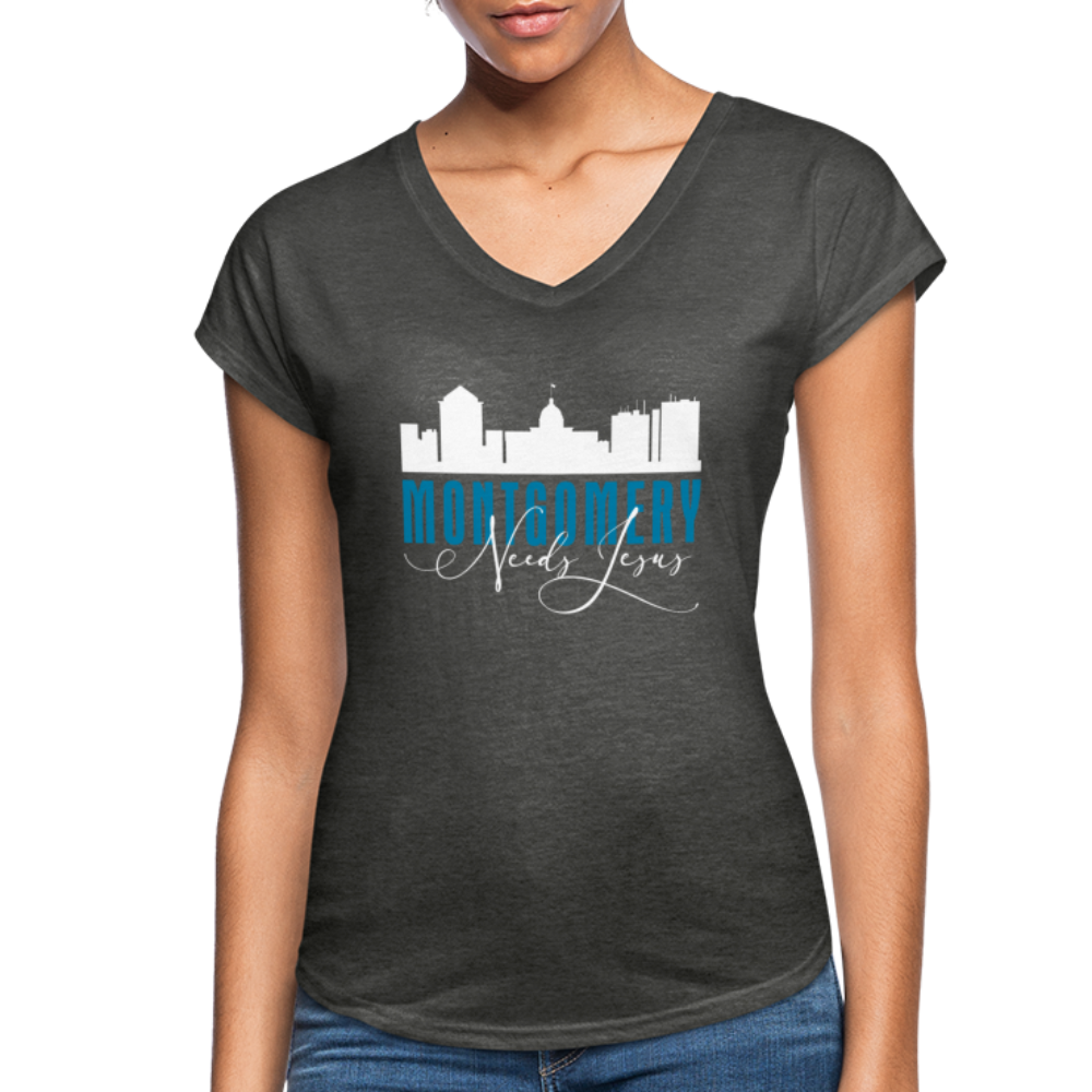 Montgomery (Alabama) Needs Jesus Women's Tri-Blend V-Neck T-Shirt-Women's Tri-Blend V-Neck T-Shirt | TSC 6750VL-PureDesignTees