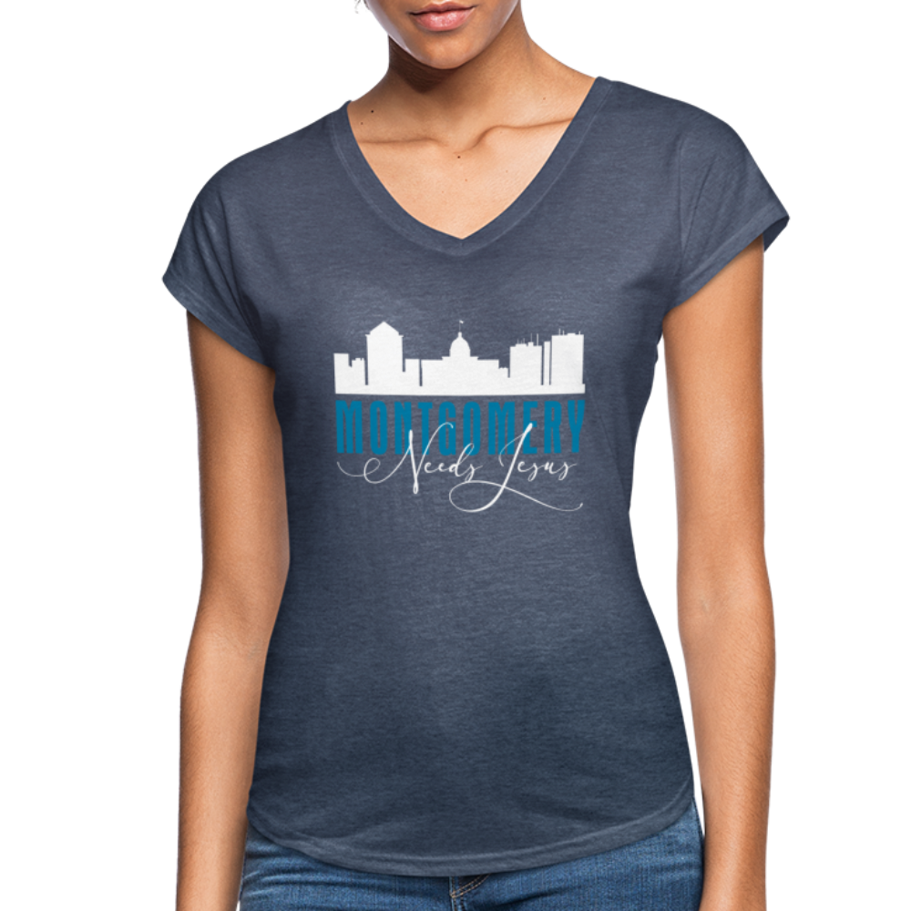 Montgomery (Alabama) Needs Jesus Women's Tri-Blend V-Neck T-Shirt-Women's Tri-Blend V-Neck T-Shirt | TSC 6750VL-PureDesignTees